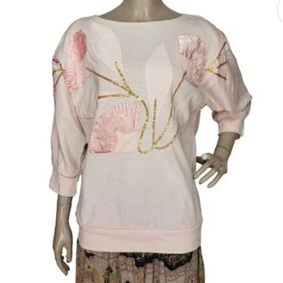 1980s Vintage Embroidered Sweater Sequins Lotus Flowers Pullover Size Large Pink - Picture 1 of 12